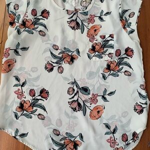 Lily White Blouse Sheer Cap Sleeves Floral Print Crew Neck White Size Large
